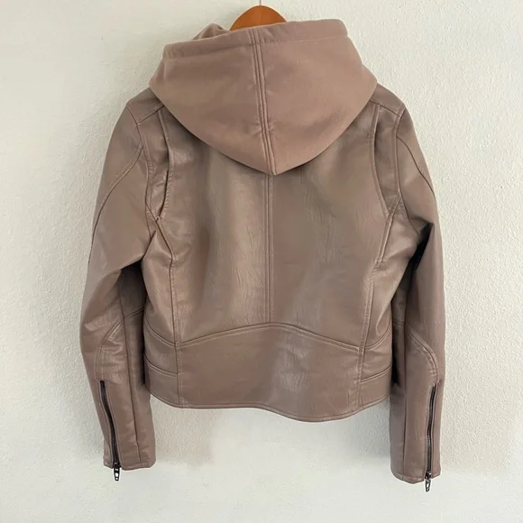 NWOT Blank NYC Taupe Vegan Moto Leather Jacket w Hoodie* - Picture 2 of 6